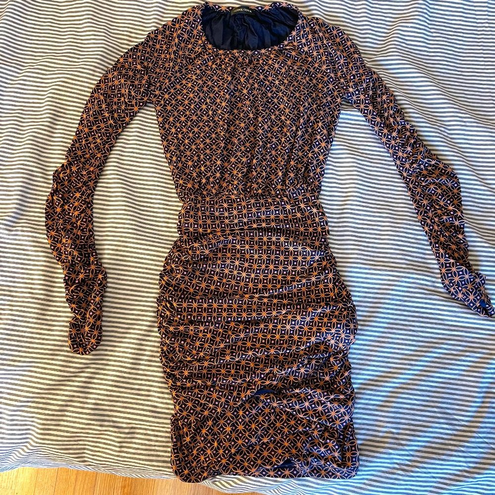 STINE GOYA Geometric Patterned Midi Dress in Black and Orange